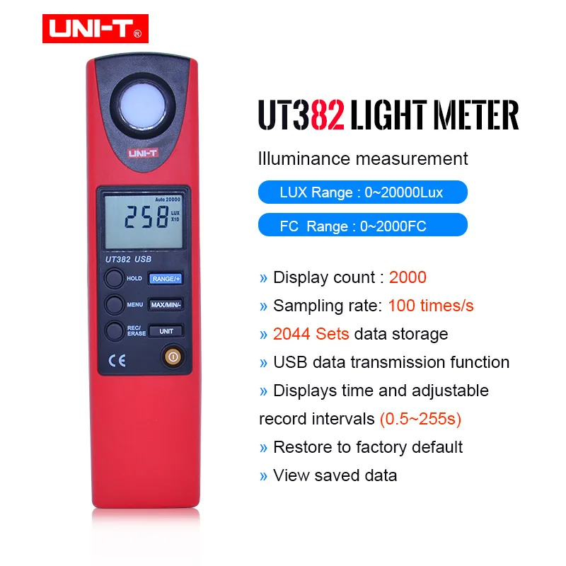 

UNI-T UT382 Luxmeter Digital Light Meter 20-20000 Lux Lumen Digital Illuminometer USB Transfer