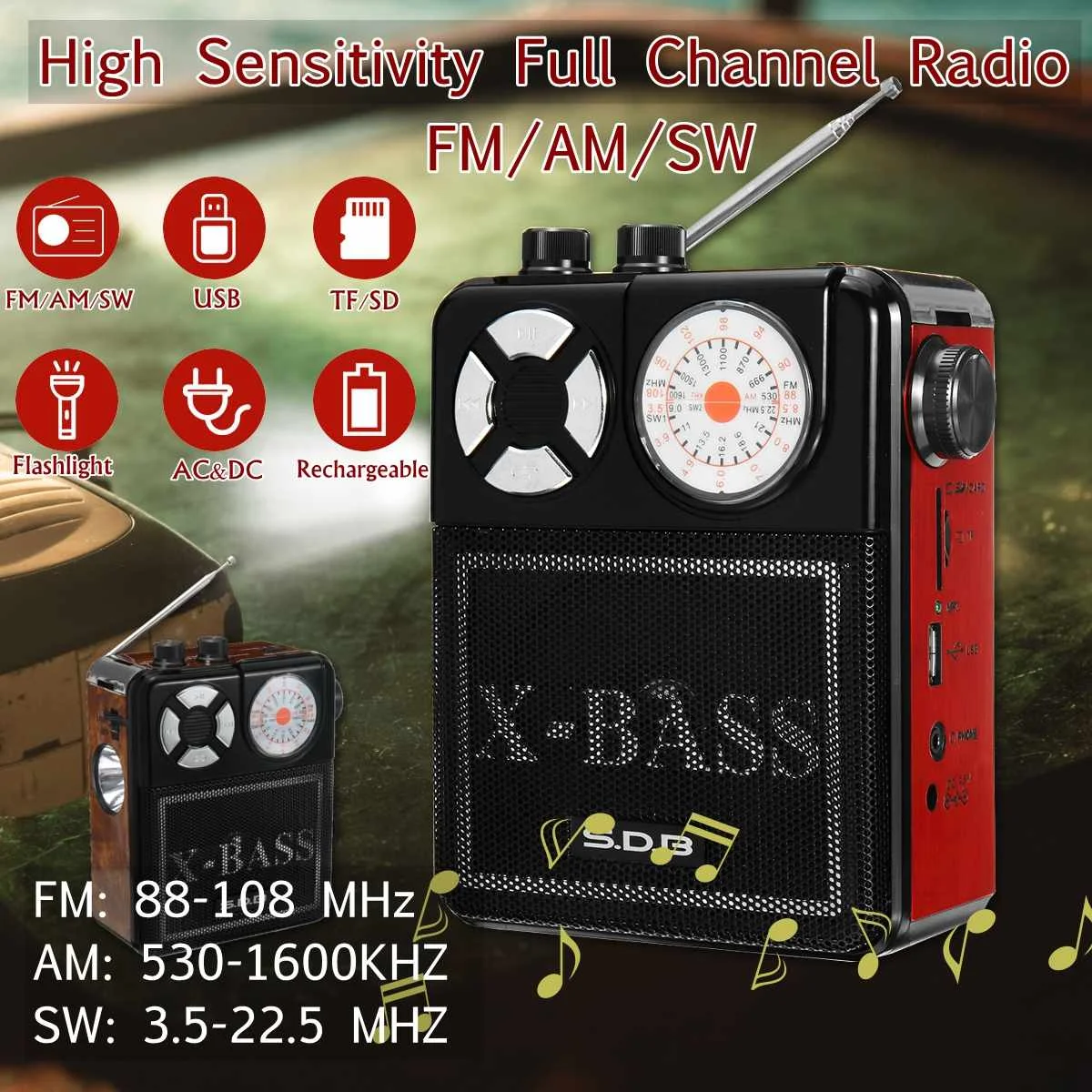 Полноканальный Ретро Радио Высокая чувствительность FM AM SW1-2 портативное радио USB TF SD MP3 Воспроизведение перезаряжаемый