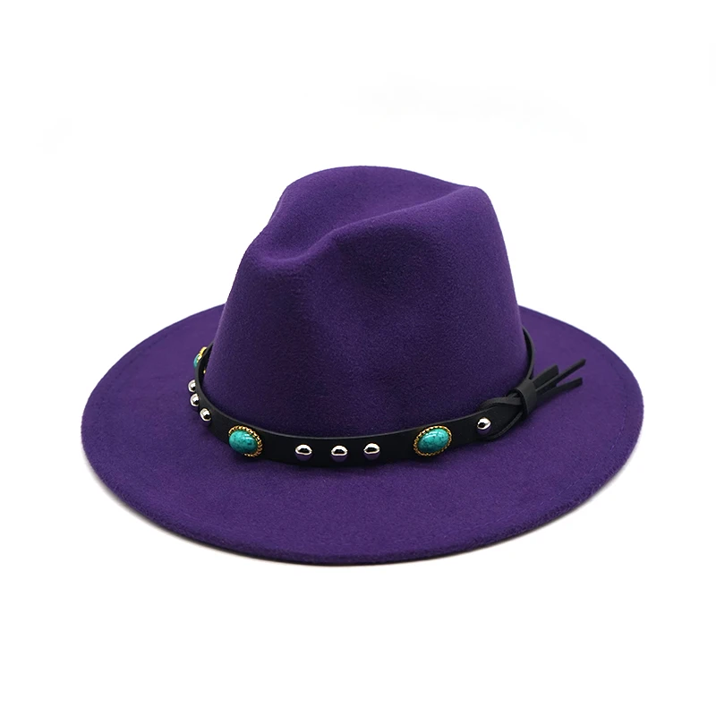 purple Новая фетровая шляпа с поясом, фетровая Кепка с широкими полями, дамская шляпа Trilby Chapeu Feminino, шляпа для женщин и мужчин, джазовая церковная крестная шляпа, шляпы сомбреро - Цвет: purple