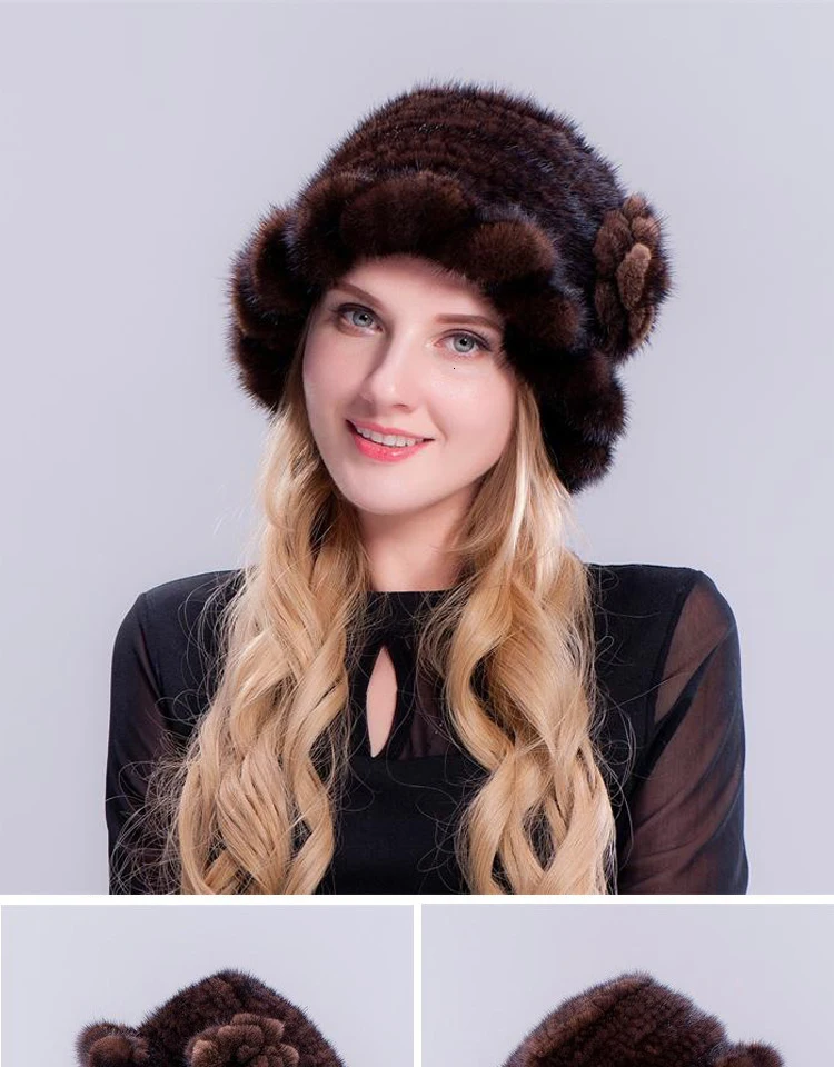 Новые женские зимние шапки шапочки для Для женщин норки шляпа прекрасный тканые Бейсбол Кепки теплые модные Рыбак элегантный цветок шляпа