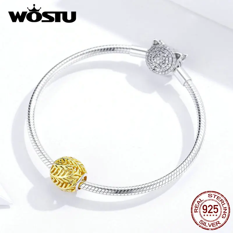 WOSTU, настоящая 925 пробы, серебряные, золотые ветви, бусины, круглые кулоны и подвески, подходят для оригинального браслета, ожерелья, изготовления ювелирных изделий CQC1332