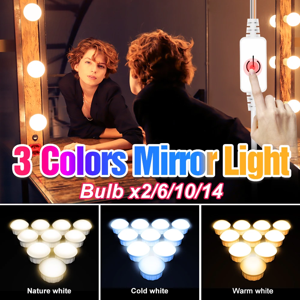 

LED Makeup Bulb 12V Vanity Table Lamp USB Mirror Light Dimmable 3 Colors 2 6 10 14 Bulbs LED Cosmetic Lights For Dressing Room