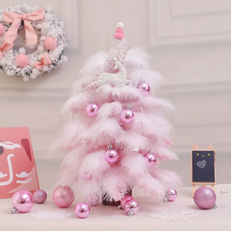 Розовый комплект для рождественской елки 45 см/60 см Мини Рождественская елка перо девочка DIY Рождественский подарок Рождественская елка украшения для дома