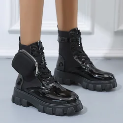 Women's Boots Autumn and Winter New Ankle Boots Pocket Design Thick-soled Round Toe Lace-up Fashion Comfortable Casual Boots