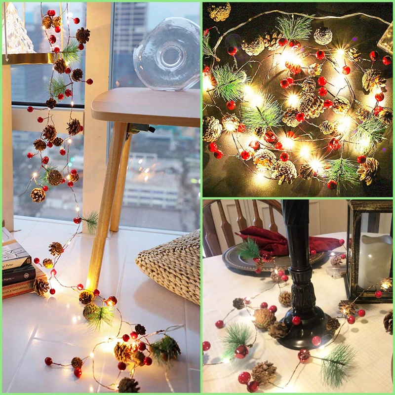 2 м 20 светодиодов, Рождественский струнный светильник, сосновый конус, красная ягода, сказочный светильник, на батарейках, для рождества, праздника, праздника, вечерние, Декор