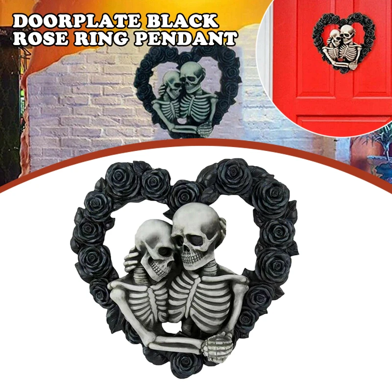 Beautiful Gothic Skeleton Lovers Embracing on Black Rose Wreath Wall Sculpture Pendant Decoration Valentine's Day Gift Home Decor Our Love is Eternal 