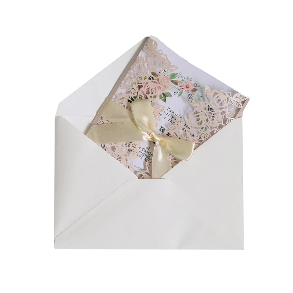  10pcs Pink Wedding Invitation Lace Pattern Wedding Card Laser Cut Paper Card Announcement Birthday  - 4000391561762