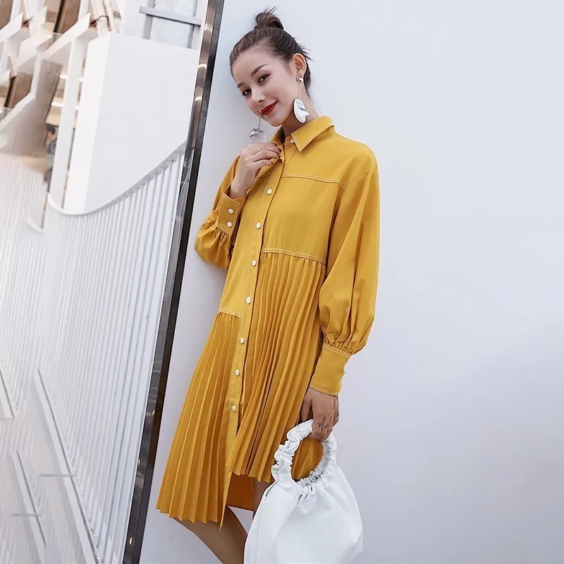 CHICEVER повседневное Плиссированное женское платье воротник с лацканами фонарь длинный рукав асимметричный подол женские платья мода одежда