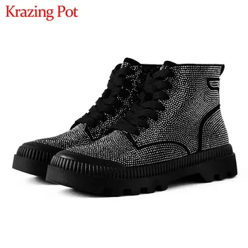 

Krazing Pot gorgeous shiny crystal studded sheep suede boots lace up round toe thick bottom women warm fashion ankle boots L96