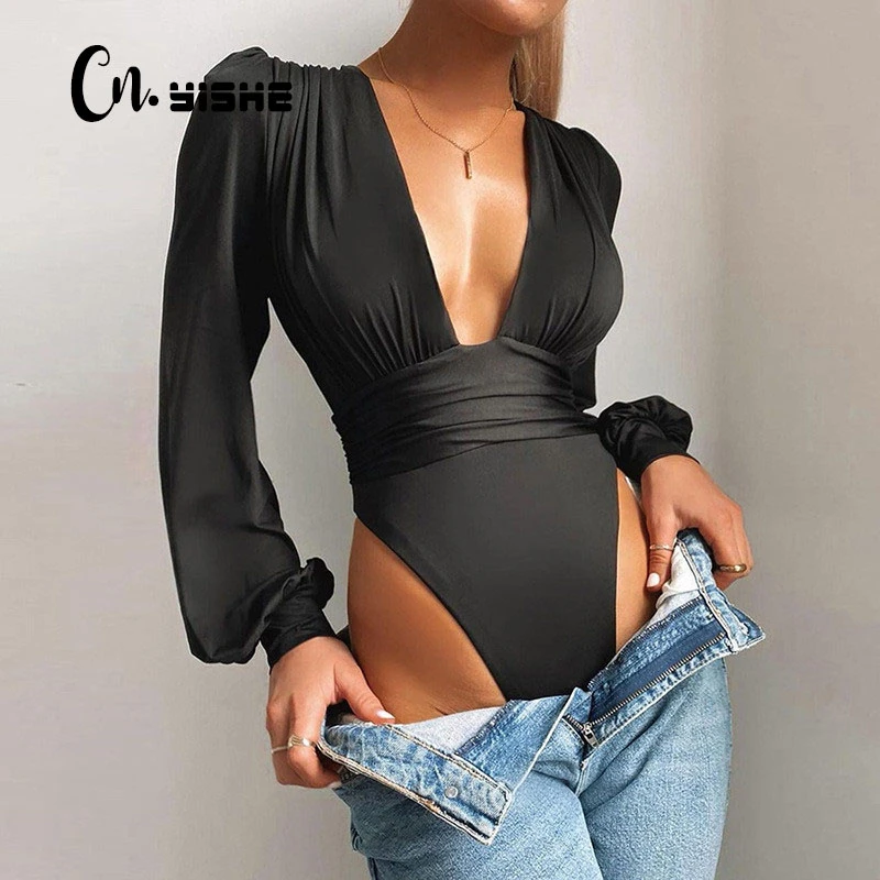 CNYISHE Black Deep V Neck Bodysuit Women Rompers Sexy Bodycon Jumpsuit Solid Elastic Casual Party Bodysuits Body Tops Overalls corset bodysuit