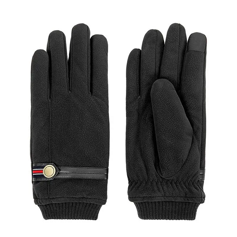 Зимние мужские перчатки, сохраняющие тепло, из искусственной кожи, ветрозащитные, толстые, кашемировые, Guantes, для вождения, противоскользящие, для улицы, мужские перчатки с сенсорным экраном - Цвет: Black