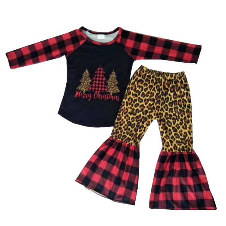 Christmas style checker top with trees shirt+leopard fur print bell pants girl 2pcs set
