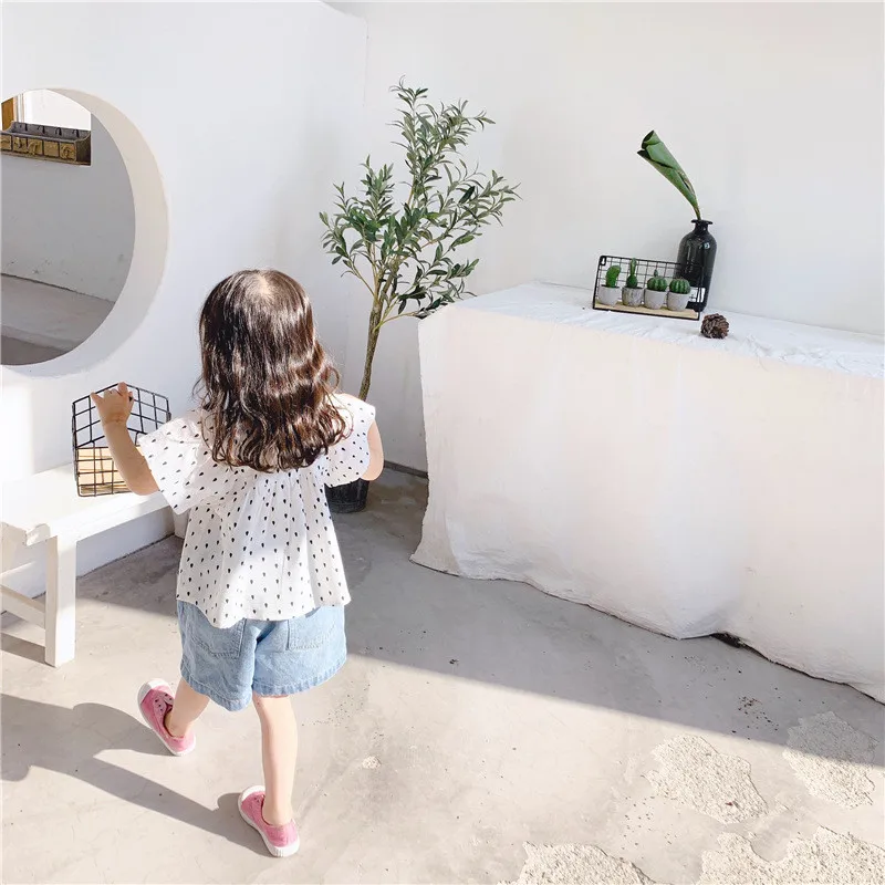 new girls shirt pring kids basic shirt short sleeve polka dot mesh lace blouse fashion girls tops 1-10y A3852