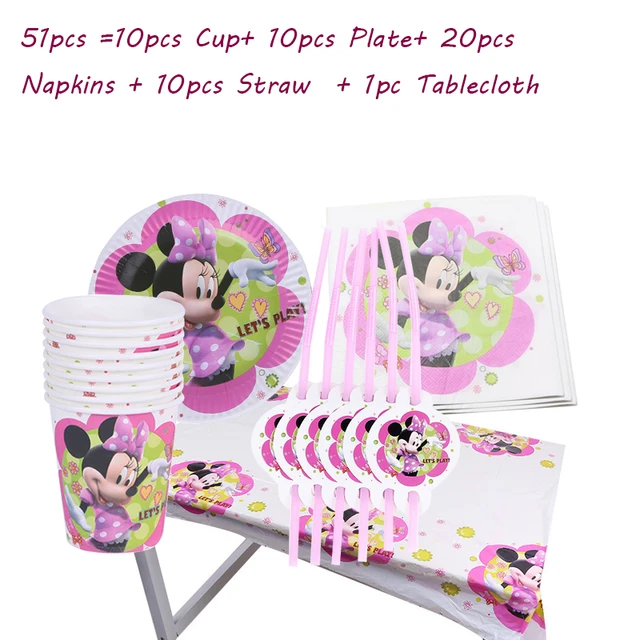 180*108 cm 1pc Minnie Mouse Theme Table Cloth for Kids Happy Birthday Party Decoration Table Cover Event Party Supplies 51pcs set