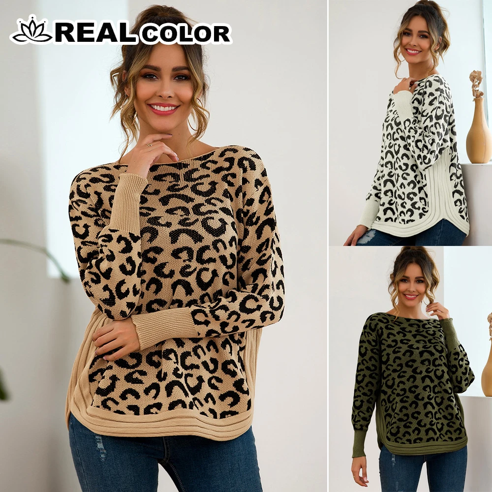 2019 новый осенний женский леопардовый принт свитер с длинными рукавами модный вязаный пуловер с воротником Повседневный Полный джемпер
