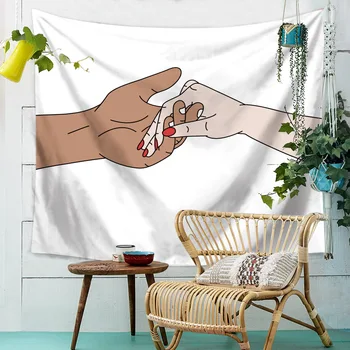 

Hippie Wall Hanging Tapestry Couple Love Holding Hand Hook Finger Pink Wall Tapestry Wall Carpet Boho Decor Home Line Draw Women
