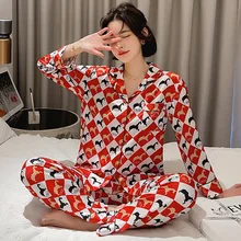 Japanese and Korean style trend long-sleeved ladies pajamas set ice silk fashion skin-friendly pajamas women's home clothes