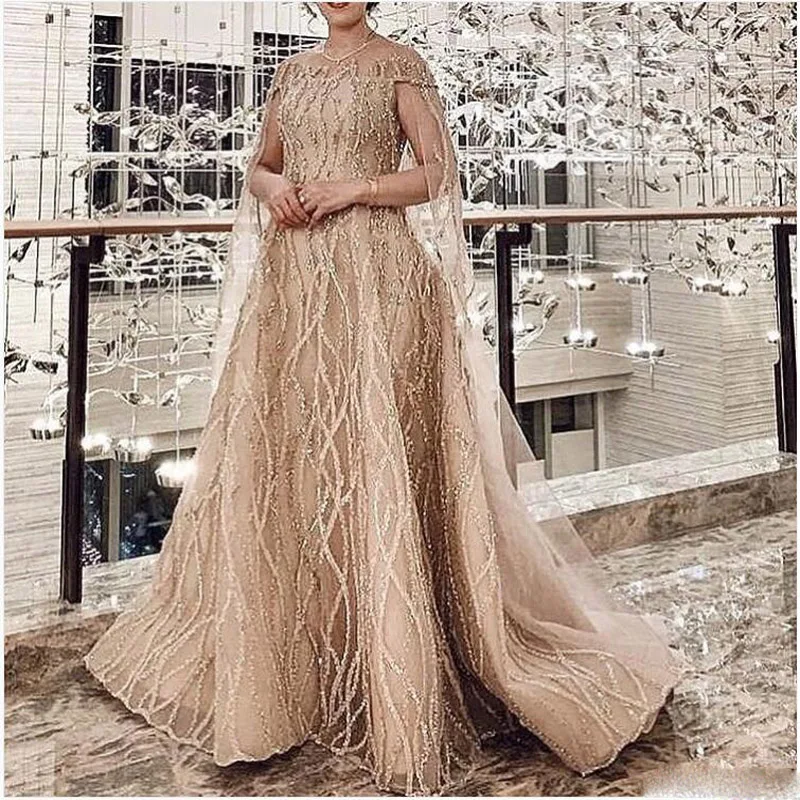 

Modest Champagne Sequined Lace A-line Evening Gowns With Cloak Sparkle Dubai Formal Dresses 2019 Prom Gowns