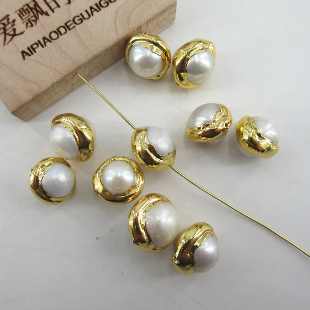 APDGG Wholesale 10 pcs Gold Plated Natural White Pearl Beads Gemstone Charm Boho Jewelry DIY Making