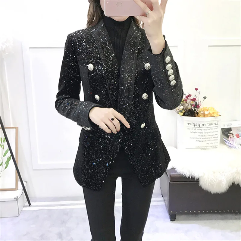 Женский блейзер с длинным рукавом подиумный двубортный блестками верхняя одежда