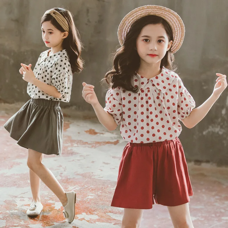 Girls Clothing Sets Summer Fashion Polka Dot Short Sleeve Tops + Shorts 4 8 10 12 Years Kids Suit Teen Children Outfits | Мать и ребенок