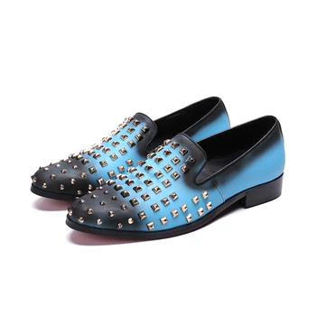

Genuine Comfortable New Fashion Leather round toe rivet blue Flat Man handmade Shoes slio-on men driving shoes size38-46