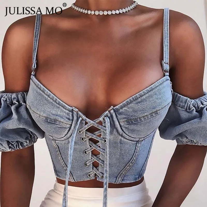 JULISSA MO джинсовый сексуальный бандажный укороченный топ женские модные синие джинсы с пышными рукавами Свободная безрукавка ковбойская майка уличная Бюстье Топы