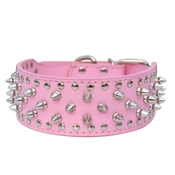 

2x PU Leather Spiked Studded Dog Collar 2 inch Wide 31 Spikes 52 Studs M -Pink & Black