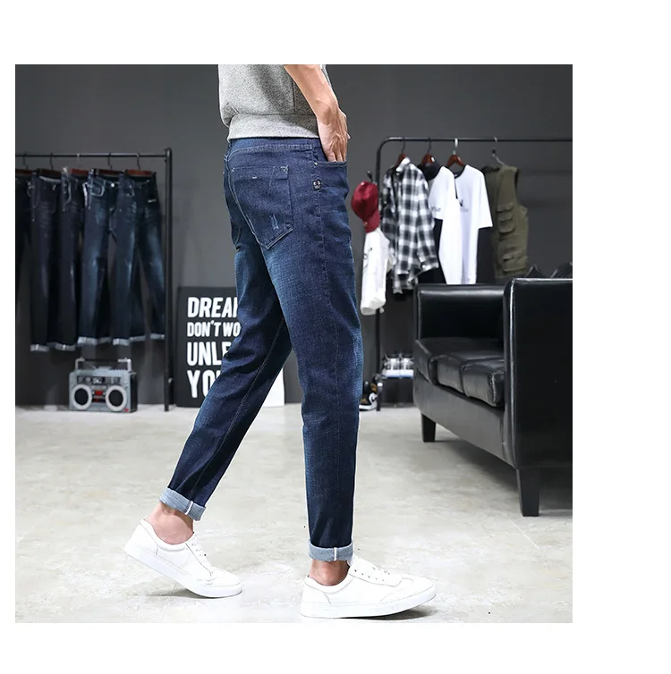 Осенние новые джинсы мужские Стрейчевые тонкие модные потертые однотонные повседневные джинсовые брюки мужские уличные дикие хип-хоп