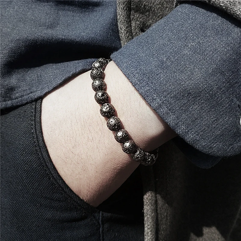 8 мм гальванический серебряный браслет из вулканического камня с бусинами для мужчин модный браслет из натурального камня эластичный браслет для женщин ювелирные изделия