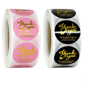 

500pcs 1" Gold Stamping Thank You for Supporting My Small Business Stickers Pink Black Round Label Business Gift Box Tag Decor