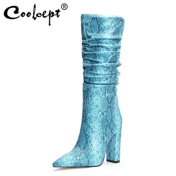 

Coolcept 7 Color Women Mid Calf Boots Brand New Fashion Snake Print Sexy Pointed Toe High Heels Winter Shoes Women Size 34-45