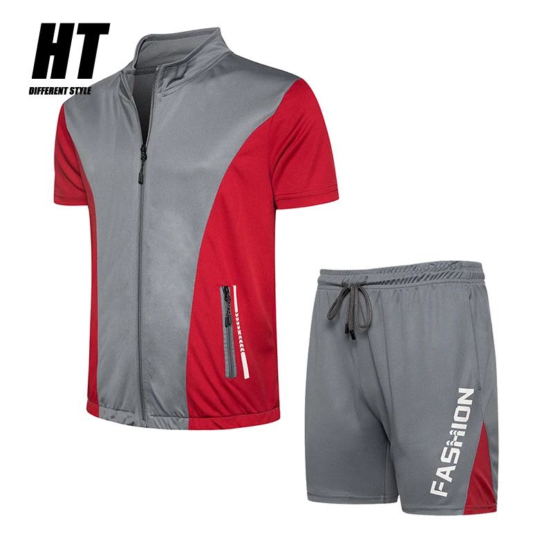 Conjuntos para hombre, camiseta informal de manga corta con cremallera + 2 piezas, ropa deportiva, atuendo estampado, ropa de marca de Fitness, verano, 2021