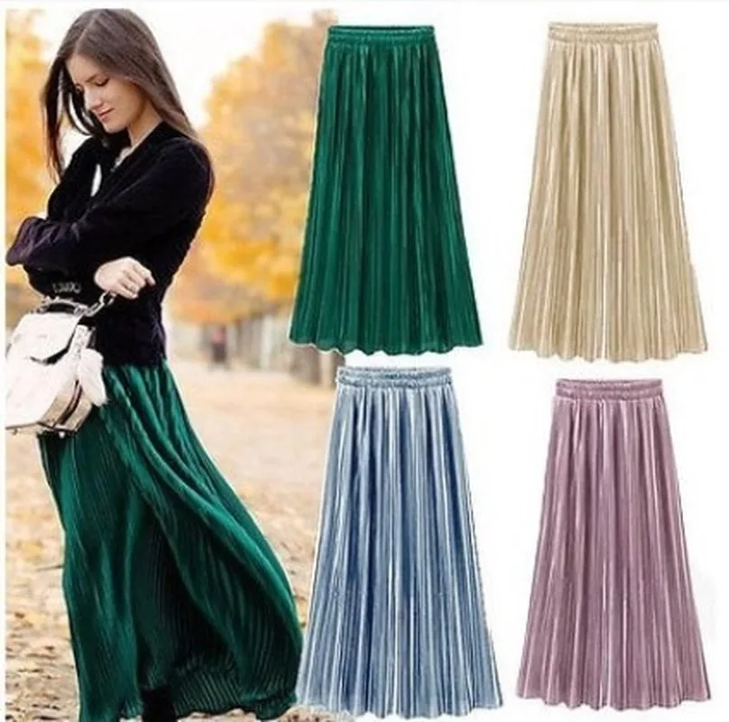 Плиссированная юбка, новая мода, Осень-зима, эластичная, высокая талия, женская, повседневная, для девушек, нижняя, макси, металлик, серебро, миди, для женщин-83
