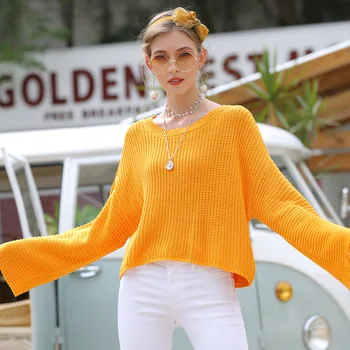 

Woman Winter Knit Sweaters 2019 Autumn Women's Pullover Loose Sweater Round Neck Flare Sleeve Solid Color Knitted Sweater