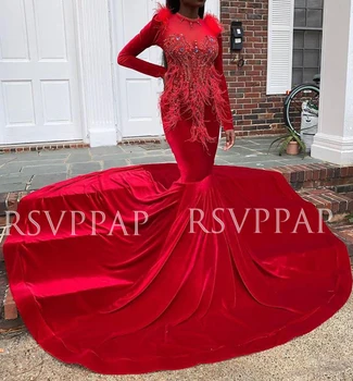 

Red Mermaid Prom Dress African Black Girl Elegant O-Neck Beaded Feathers Long Sleeve Long Prom Dresses 2020