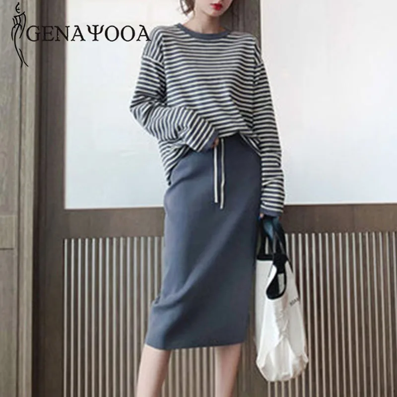 Женский трикотажный костюм Genayooa из двух предметов в полоску с юбкой свитером и