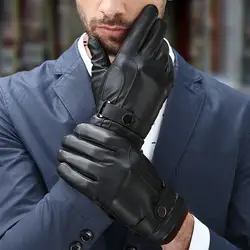 Мужские стильные кожаные перчатки, утепленные плюшевые зимние теплые перчатки из овечьей кожи с сенсорным экраном, перчатки для вождения