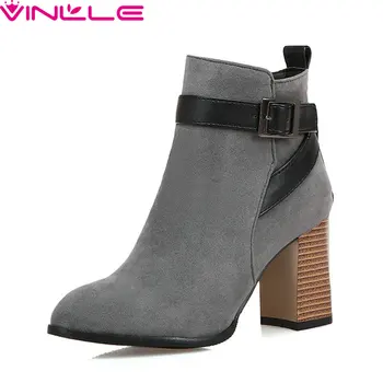 

VINLLE 2020 Fashion Women PU leather Ankle Boots Zipper Square High Heel All Match Western Fashion Casual Shoes Size 34-43