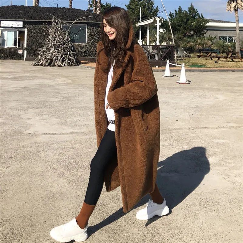 Autumn Winter Women Solid Faux Fur Coat Long Sleeve Casual Fleece Jacket Female Turn Down Collar Long Teddy Coat Outerwear 2022