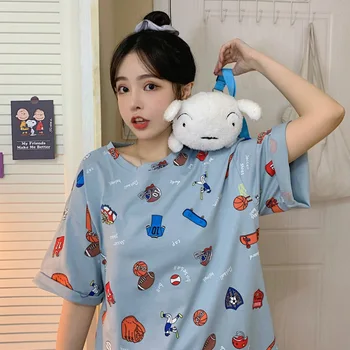 

2020 Cartoon Cotton Summer Printing Hip Hop Loose Mid-length Women T-shirt Harajuku Shirt Korean Clothes Womens Clothing Short