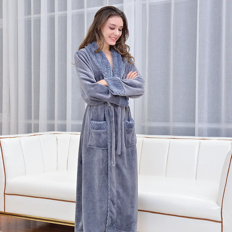Унисекс халат зимний плотный теплый фланелевый банный халат длинный размера плюс для влюбленных пар ночной халат для женщин и мужчин ночная рубашка - Цвет: gray