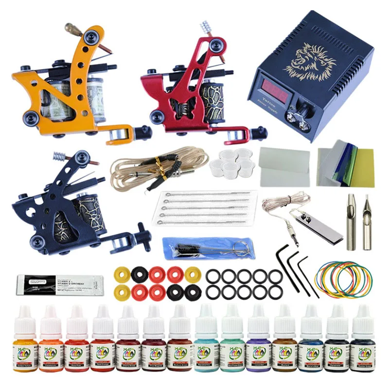 

Complete Tattoo Kit 2 Tattoo Machines Black Ink Set Power Supply Grips Body Art Tools Set Tattoo Permanent Makeup Tattoo Set