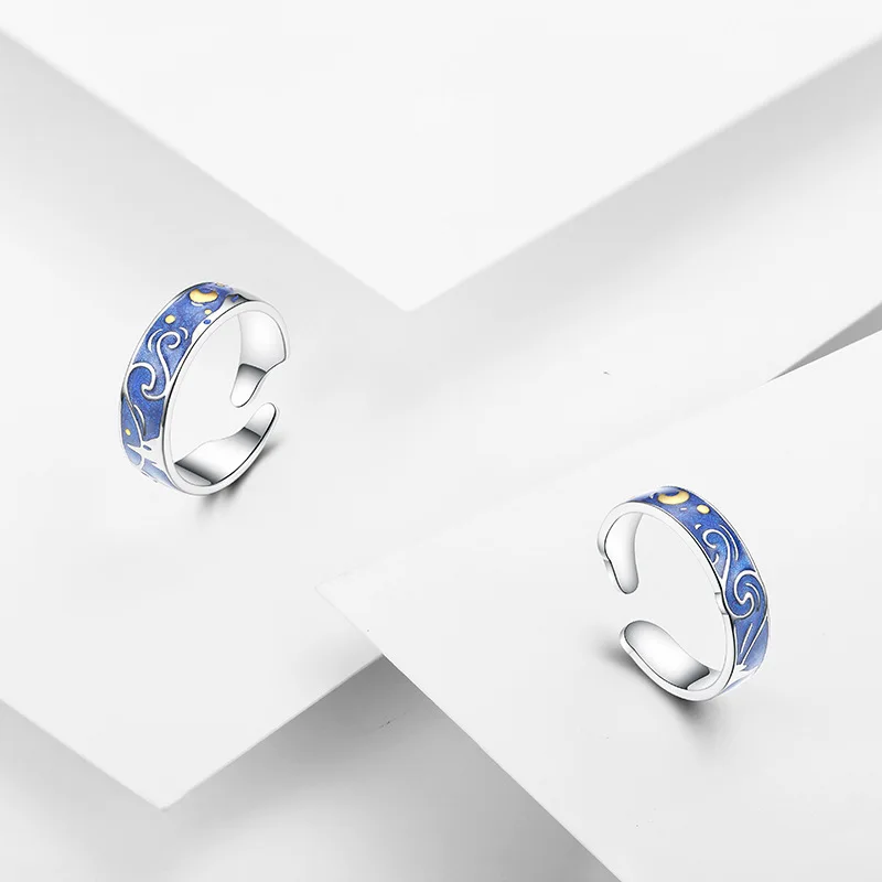 Qevila Real 100% 925 Sterling Silver Ring Van Gogh Open Rings Starry Sky Moon Adjustable Ring For Women Lover Men Romantic Gifts (9)