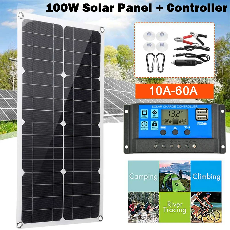 Panneau solaire 100W avec contrôleur, 18V, double Port USB, chargeur de batterie Portable pour téléphone Portable, voiture, Yacht, RV