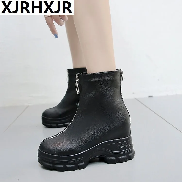 

2019 Women Ankle Boots British Thick Sole Waterproof Leather Sneaker Height Increasing Platform Boots Winter Zipper Casual Boots