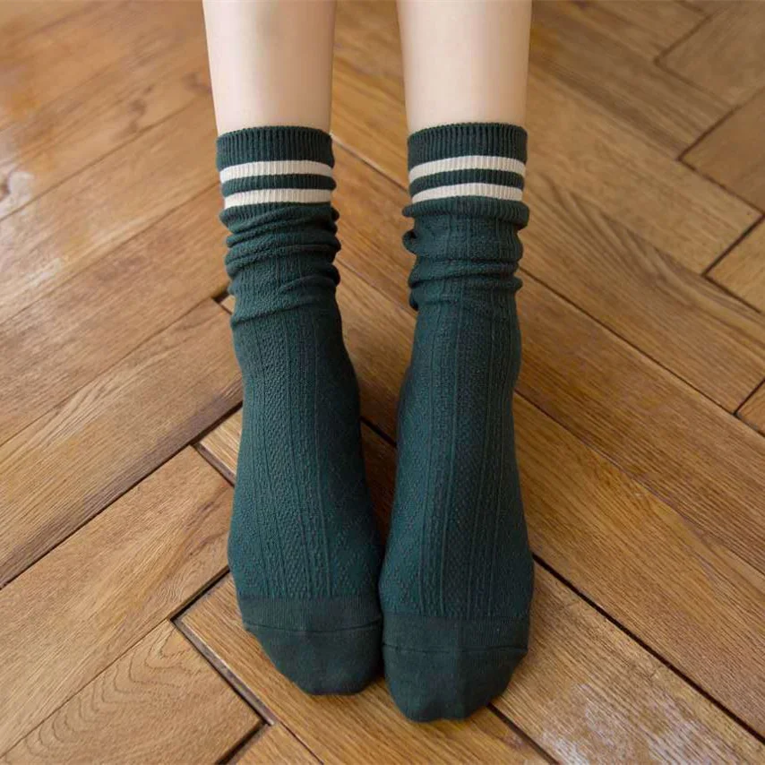 Корейский стиль, носки на среднем каблуке, хлопковые, толстые, длинные, полосатые, повседневные, Ретро стиль, Harajuku, носки для женщин, женские - Цвет: green