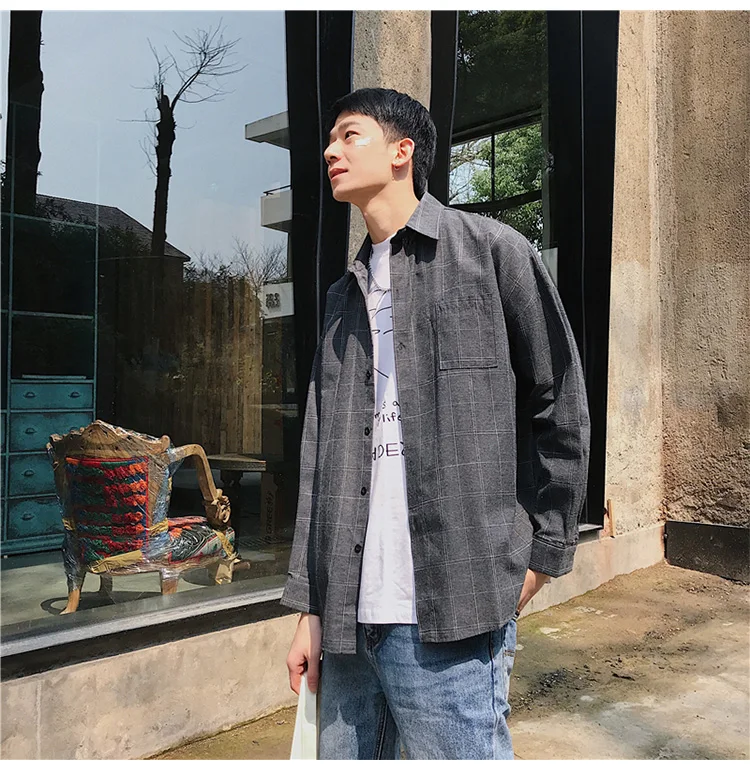 Мужская рубашка с длинными рукавами Harajuku одежда 2019 корейский стиль новые модные мужские рубашки клетчатый отложной воротник Плюс Размер