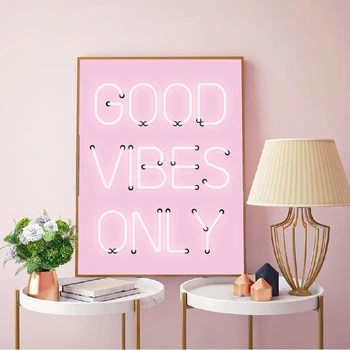 

Good Vibes Only Quote Print Neon Lights Sign Inspirational Poster Pink Positive Quotes Canvas Painting Wall Art Home Room Decor