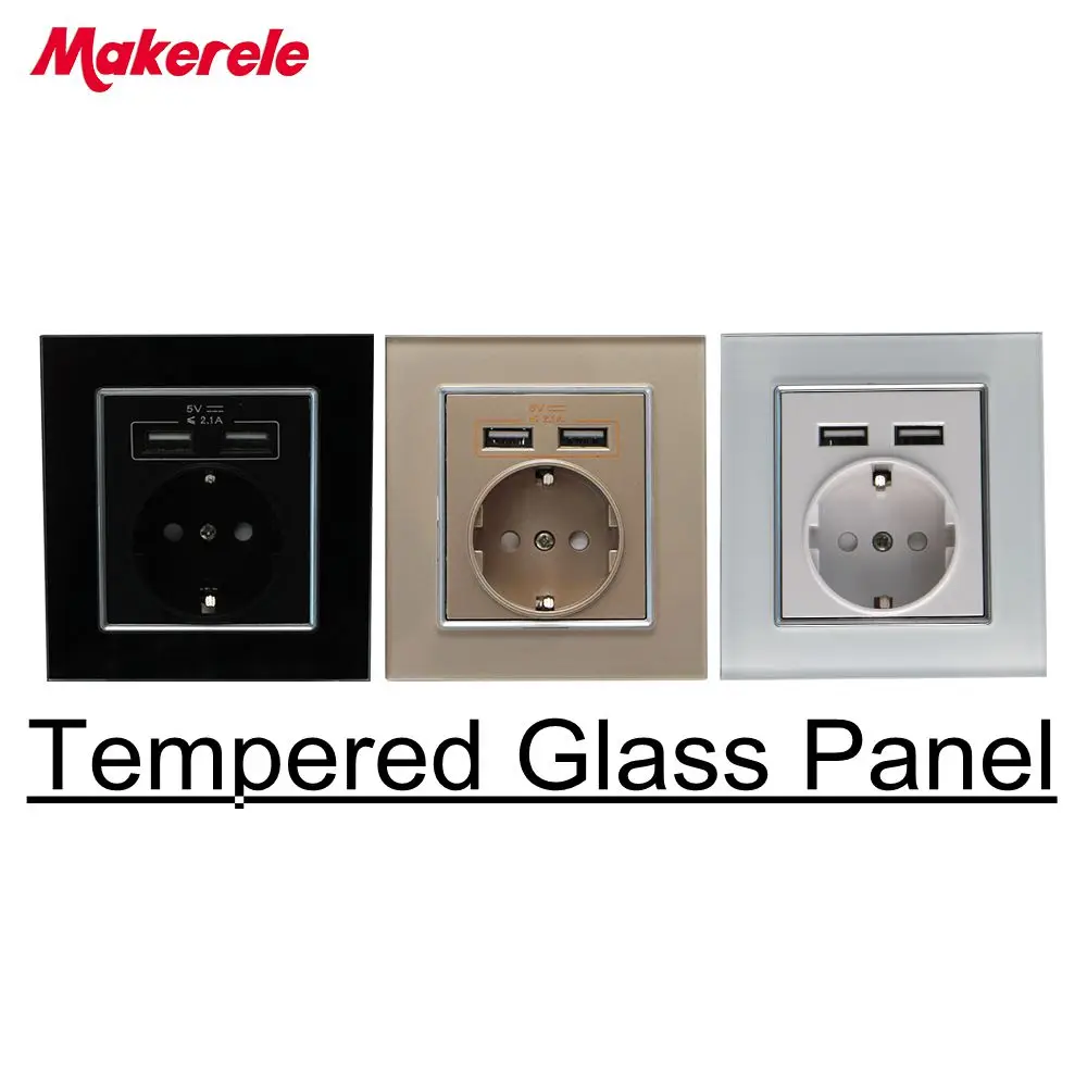 Настенная розетка Makerele 16A стандарт ЕС с 5V 2.1A 2USB портами PC Панель из стеклянного сплава - Тип: Tempered Glass